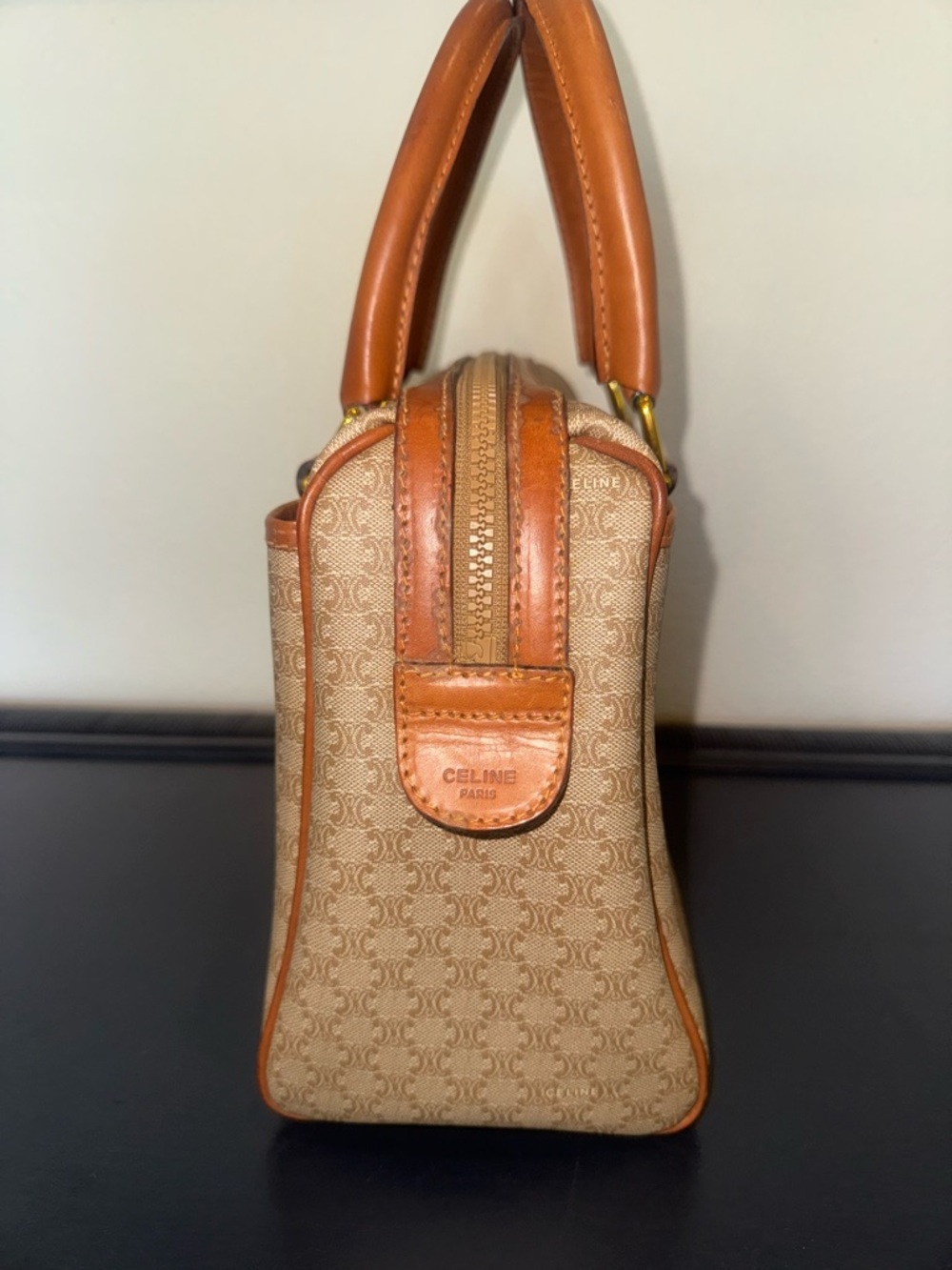Celine Beige Monogram Macadam Boston Bag with Tan Leather Trim - Picture 5 of 16